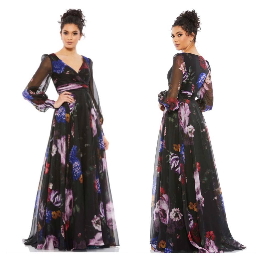 Mac Duggal 67872 Size 12 FLORAL PRINT CHIFFON LONG SLEEVE MAXI DRESS